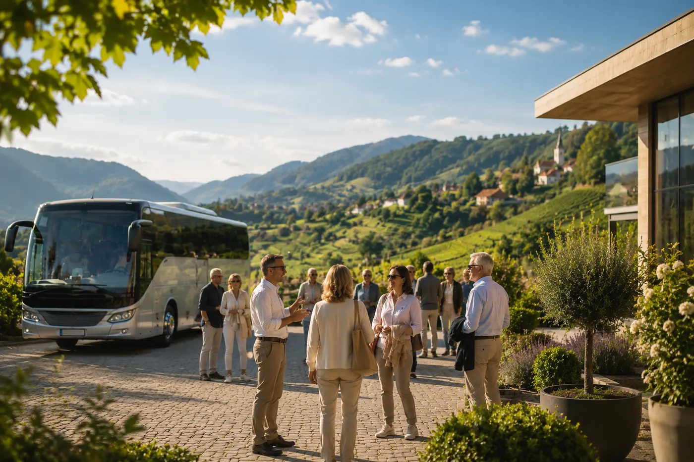 Coach and travel group in front of a modern building overlooking the vineyards of Styria