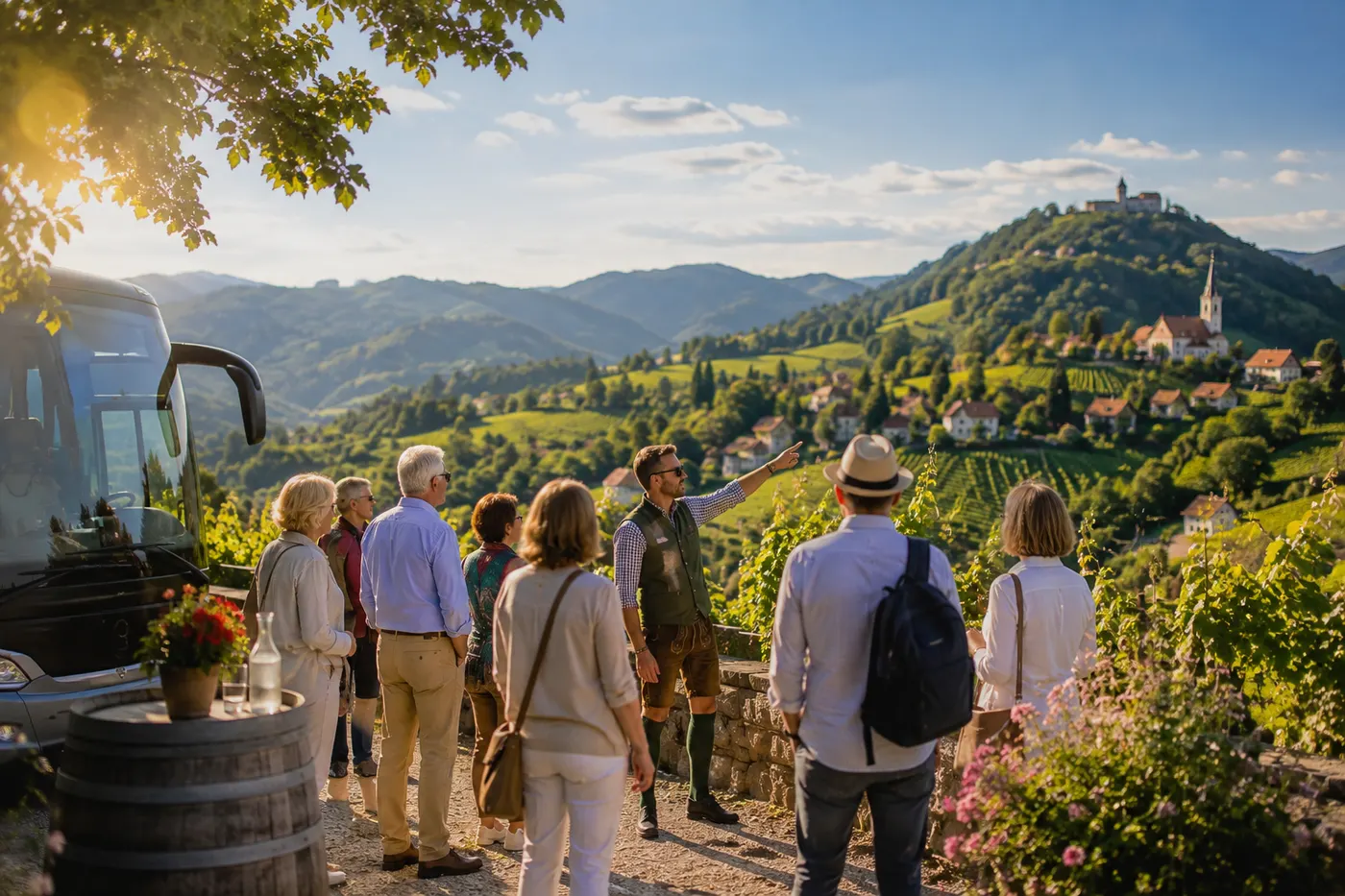 Tour guide showing a coach travel group the vineyards and a castle in Southern Styria