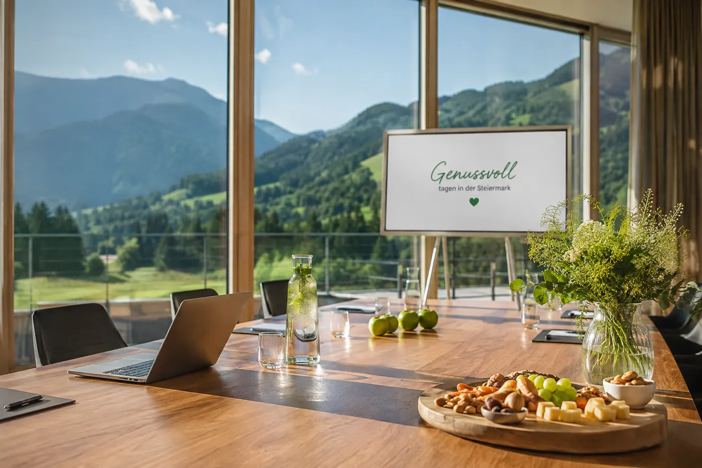 Bright conference room with panoramic windows and mountain view at Hotel Schachenwald