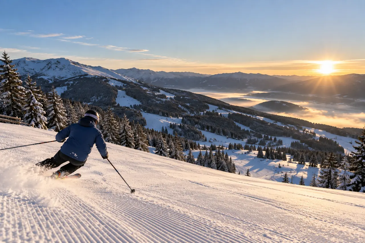 Skier on a freshly groomed slope in the Lachtal at sunrise